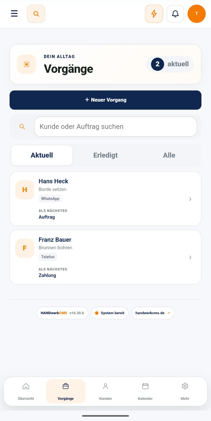 Vorgänge in HANDwerkCMS