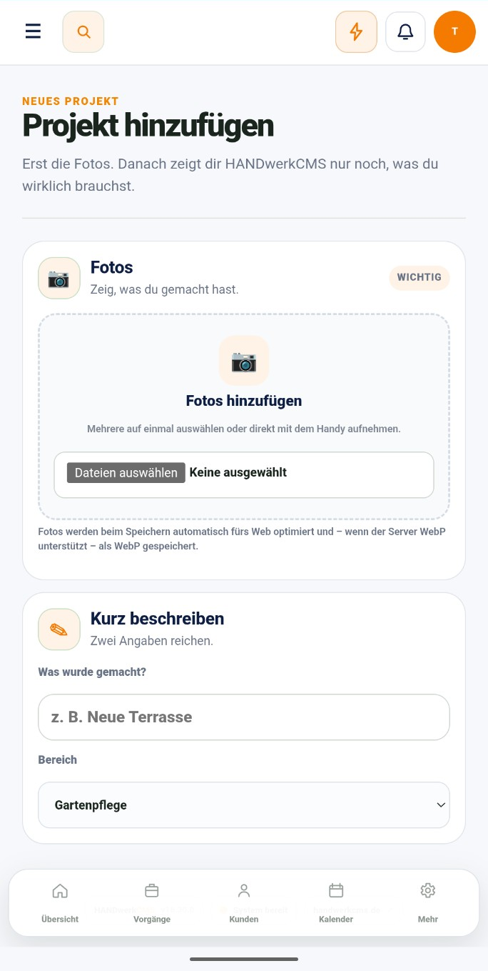 Projekt in HANDwerkCMS anlegen