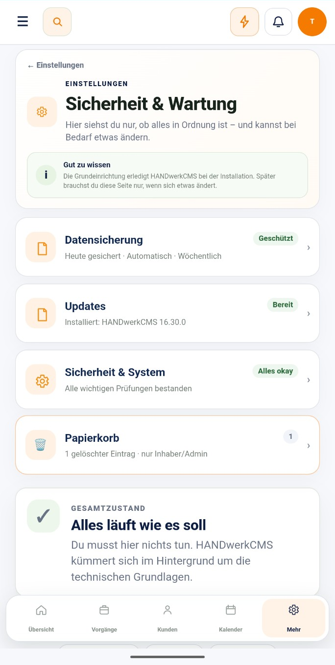 Sicherheit und Wartung in HANDwerkCMS